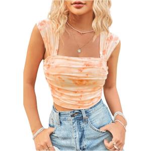 imageSHENHE Womens Floral Tie Dye Wide Strap Square Neck Ruched Casual Fitted Crop Tank TopLight Orange