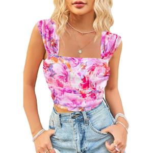 imageSHENHE Womens Floral Tie Dye Wide Strap Square Neck Ruched Casual Fitted Crop Tank TopLilac Purple Pink