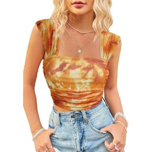 imageSHENHE Womens Floral Tie Dye Wide Strap Square Neck Ruched Casual Fitted Crop Tank TopOrange
