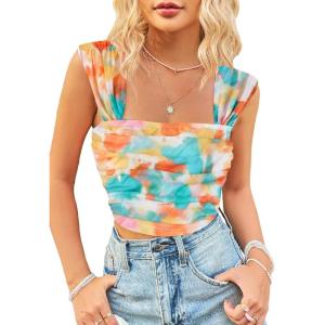 imageSHENHE Womens Floral Tie Dye Wide Strap Square Neck Ruched Casual Fitted Crop Tank TopOrange Blue Multi