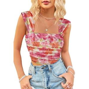 imageSHENHE Womens Floral Tie Dye Wide Strap Square Neck Ruched Casual Fitted Crop Tank TopOrange Pink Multi