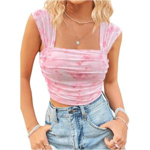 imageSHENHE Womens Floral Tie Dye Wide Strap Square Neck Ruched Casual Fitted Crop Tank TopPink