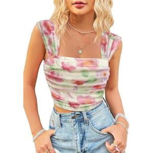 imageSHENHE Womens Floral Tie Dye Wide Strap Square Neck Ruched Casual Fitted Crop Tank TopPink Green Multi