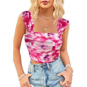 imageSHENHE Womens Floral Tie Dye Wide Strap Square Neck Ruched Casual Fitted Crop Tank TopPurple Pink Multi