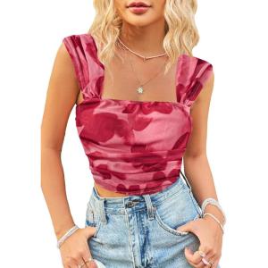 imageSHENHE Womens Floral Tie Dye Wide Strap Square Neck Ruched Casual Fitted Crop Tank TopRose Red