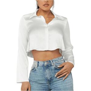 imageSHENHE Womens Satin Button Down Collar Neck Long Sleeve Crop Blouse Shirt TopWhite