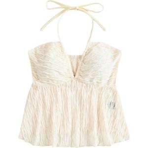 imageSHENHE Womens Tie Halter Neck Backless Ruffle Hem Sexy Peplum Crop Top Sleeveless TopApricot