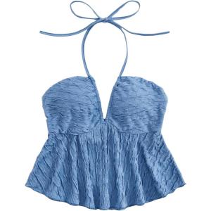 imageSHENHE Womens Tie Halter Neck Backless Ruffle Hem Sexy Peplum Crop Top Sleeveless TopAzure Blue