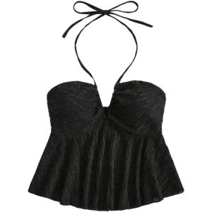 imageSHENHE Womens Tie Halter Neck Backless Ruffle Hem Sexy Peplum Crop Top Sleeveless TopBlack