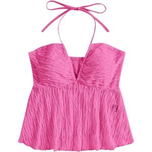 imageSHENHE Womens Tie Halter Neck Backless Ruffle Hem Sexy Peplum Crop Top Sleeveless TopHot Pink