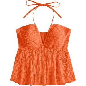 imageSHENHE Womens Tie Halter Neck Backless Ruffle Hem Sexy Peplum Crop Top Sleeveless TopOrange