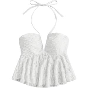imageSHENHE Womens Tie Halter Neck Backless Ruffle Hem Sexy Peplum Crop Top Sleeveless TopWhite