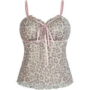 imageSHENHE Womens Y2K Leopard Print Tops Cheetah Animal Coquette Bow Sleeveless Mesh Cropped Cami Tank TopBeige