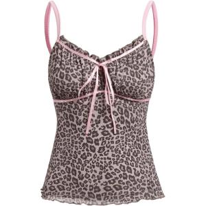 imageSHENHE Womens Y2K Leopard Print Tops Cheetah Animal Coquette Bow Sleeveless Mesh Cropped Cami Tank TopBrown