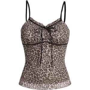 imageSHENHE Womens Y2K Leopard Print Tops Cheetah Animal Coquette Bow Sleeveless Mesh Cropped Cami Tank TopCoffee Brown