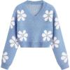 imageSHENHE Girls Floral Print V Neck Long Sleeve Knitted Cropped Sweater Jumper TopsBlue