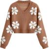 imageSHENHE Girls Floral Print V Neck Long Sleeve Knitted Cropped Sweater Jumper TopsCoffee Brown