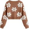 imageSHENHE Girls Floral Print V Neck Long Sleeve Knitted Cropped Sweater Jumper TopsCoffee Brown