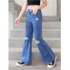imageSHENHE Girls High Waisted Flare Leg Jeans Split Raw Hem Denim Pants with PocketsDark Wash Blue