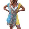 imageSHENHE Womens Fringe Hem Color Block Knitted Crochet Swim Coverup Sheer Beach DressMulticolor