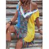 imageSHENHE Womens Fringe Hem Color Block Knitted Crochet Swim Coverup Sheer Beach DressMulticolor