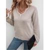 imageSHENHE Womens V Neck Pullover Sweater Scallop Trim Drop Shoulder Loose Casual Knit SweaterKhaki