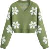 imageSHENHE Girls Floral Print V Neck Long Sleeve Knitted Cropped Sweater Jumper TopsGreen
