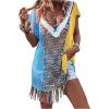 imageSHENHE Womens Fringe Hem Color Block Knitted Crochet Swim Coverup Sheer Beach DressMulticolor
