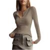 imageSHENHE Womens Ribbed Long Sleeve Henley T Shirts Button Down Slim Fit Basic Tee TopDeep Khaki