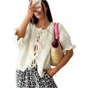 imageSHENHE Womens Tie Front Half Sleeve Ruffle Sweater Crew Neck Drop Shoulder Pullover Knitwear