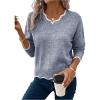 imageSHENHE Womens V Neck Pullover Sweater Scallop Trim Drop Shoulder Loose Casual Knit SweaterBlue