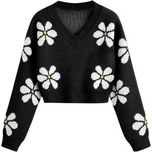imageSHENHE Girls Floral Print V Neck Long Sleeve Knitted Cropped Sweater Jumper TopsBlack