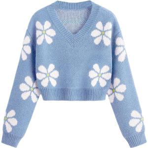 imageSHENHE Girls Floral Print V Neck Long Sleeve Knitted Cropped Sweater Jumper TopsBlue