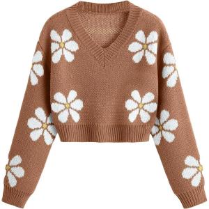 imageSHENHE Girls Floral Print V Neck Long Sleeve Knitted Cropped Sweater Jumper TopsCoffee Brown