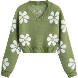 imageSHENHE Girls Floral Print V Neck Long Sleeve Knitted Cropped Sweater Jumper TopsGreen