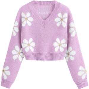 imageSHENHE Girls Floral Print V Neck Long Sleeve Knitted Cropped Sweater Jumper TopsLight Purple