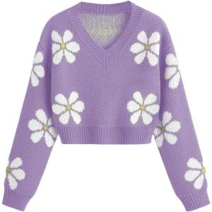 imageSHENHE Girls Floral Print V Neck Long Sleeve Knitted Cropped Sweater Jumper TopsPurple