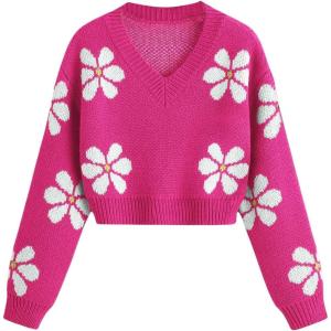 imageSHENHE Girls Floral Print V Neck Long Sleeve Knitted Cropped Sweater Jumper TopsRusty Rose