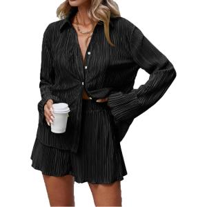 imageSHENHE Womens 2 Piece Sets Dressy Plisse Bell Sleeve Button Down Shirt and Short Set Going OutBlack