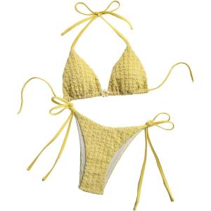 imageSHENHE Womens 2 Piece Swimsuit Floral Print Halter Tie Side Triangle Bikini SetYellow Textured