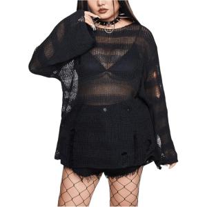 imageSHENHE Womens Plus Size Ripped See Through Bell Sleeve Sexy Grunge Distressed Sweater PulloverBlack