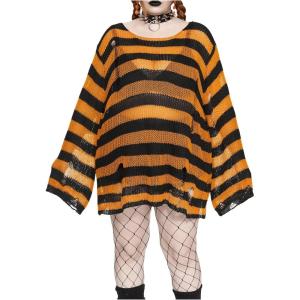 imageSHENHE Womens Plus Size Ripped See Through Bell Sleeve Sexy Grunge Distressed Sweater PulloverOrange