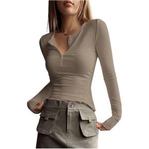 imageSHENHE Womens Ribbed Long Sleeve Henley T Shirts Button Down Slim Fit Basic Tee TopDeep Khaki