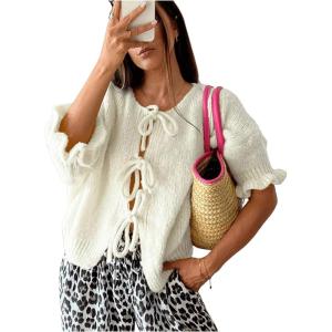 imageSHENHE Womens Tie Front Half Sleeve Ruffle Sweater Crew Neck Drop Shoulder Pullover Knitwear