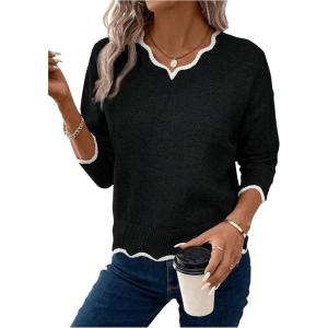 imageSHENHE Womens V Neck Pullover Sweater Scallop Trim Drop Shoulder Loose Casual Knit SweaterBlack