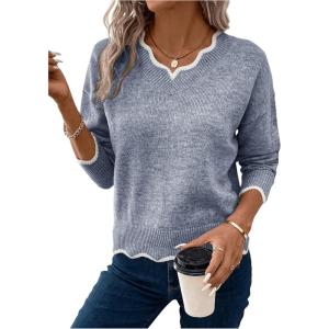 imageSHENHE Womens V Neck Pullover Sweater Scallop Trim Drop Shoulder Loose Casual Knit SweaterBlue